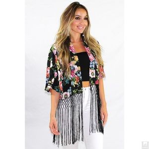 Olivaceous Magical floral fringe kimono
